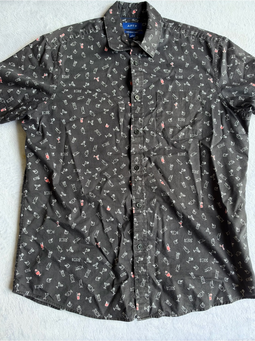 APT.9 Shirt Mens M Black Cocktail Print 22x28 Short Sleeve